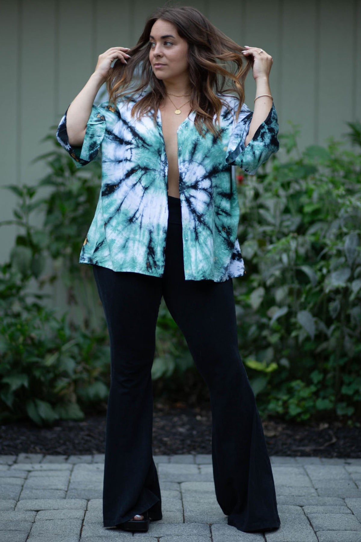 Green Tie Dye Loose Fit Button Down
