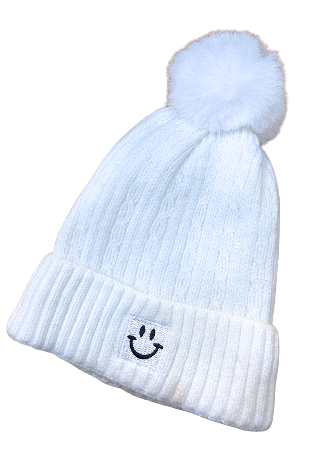 White Smiley Pom Pom Beanie