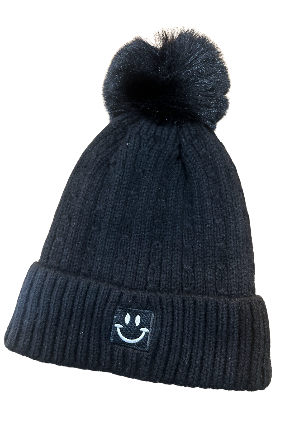 Black Smiley Pom Pom Beanie