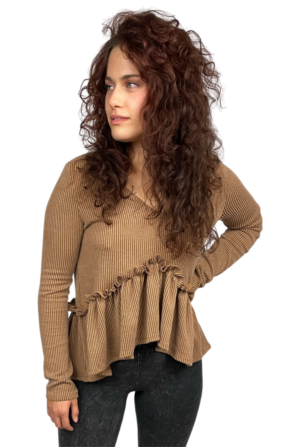 Mocha Ruffle Long Sleeve Top